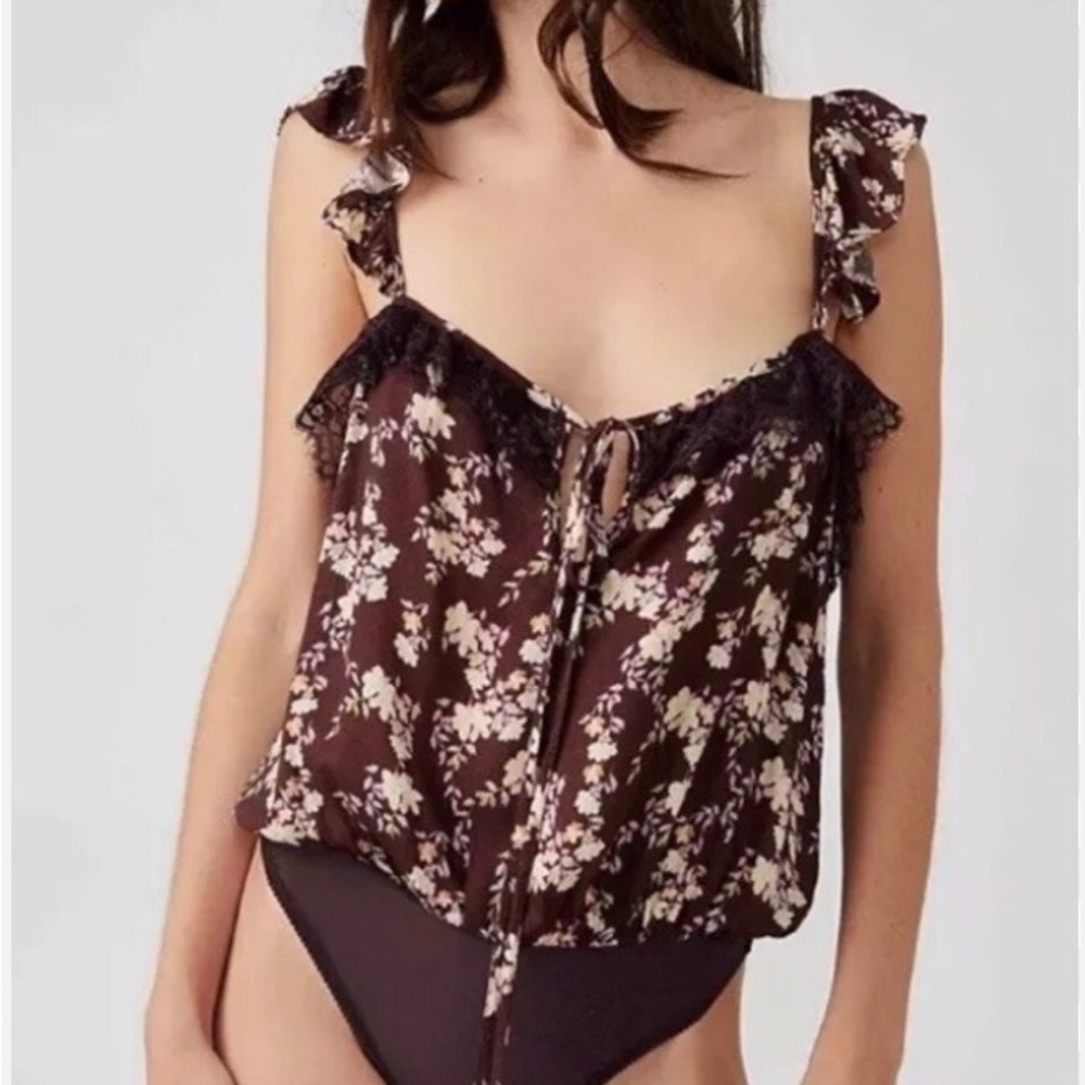 FP Movement by Free People Floral Lace Bodysuit - Brown and Cream